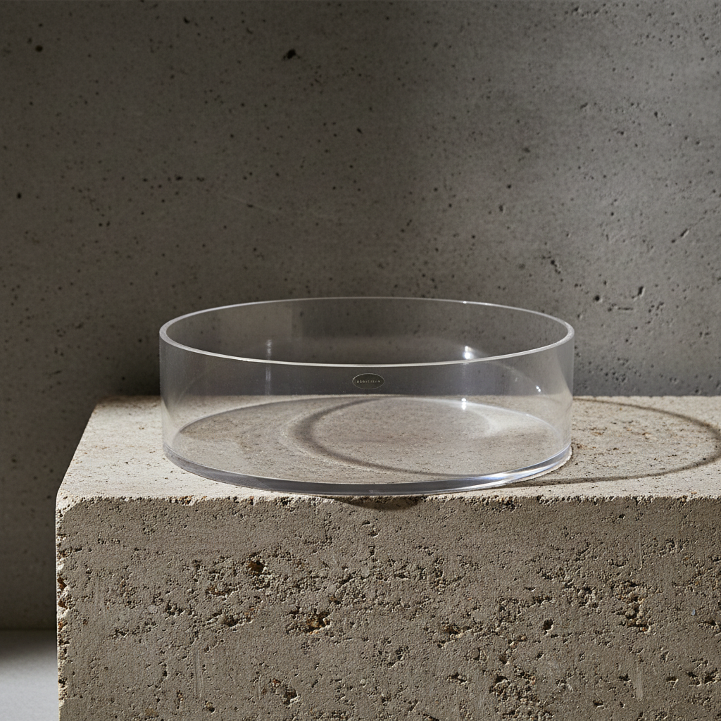 Clear acrylic bowl on a concrete surface with a dark background