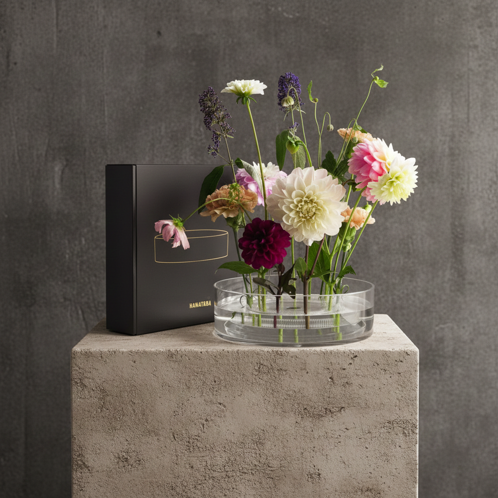 Acrylic cylinder vase used for floral arrangements. Black box labeled HANATABA