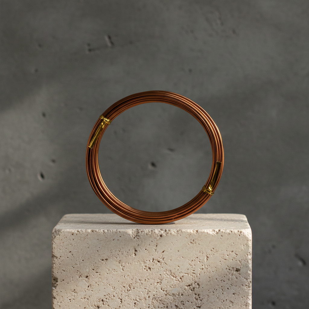 Brown bonsai wire coil on a concrete block with a gray background