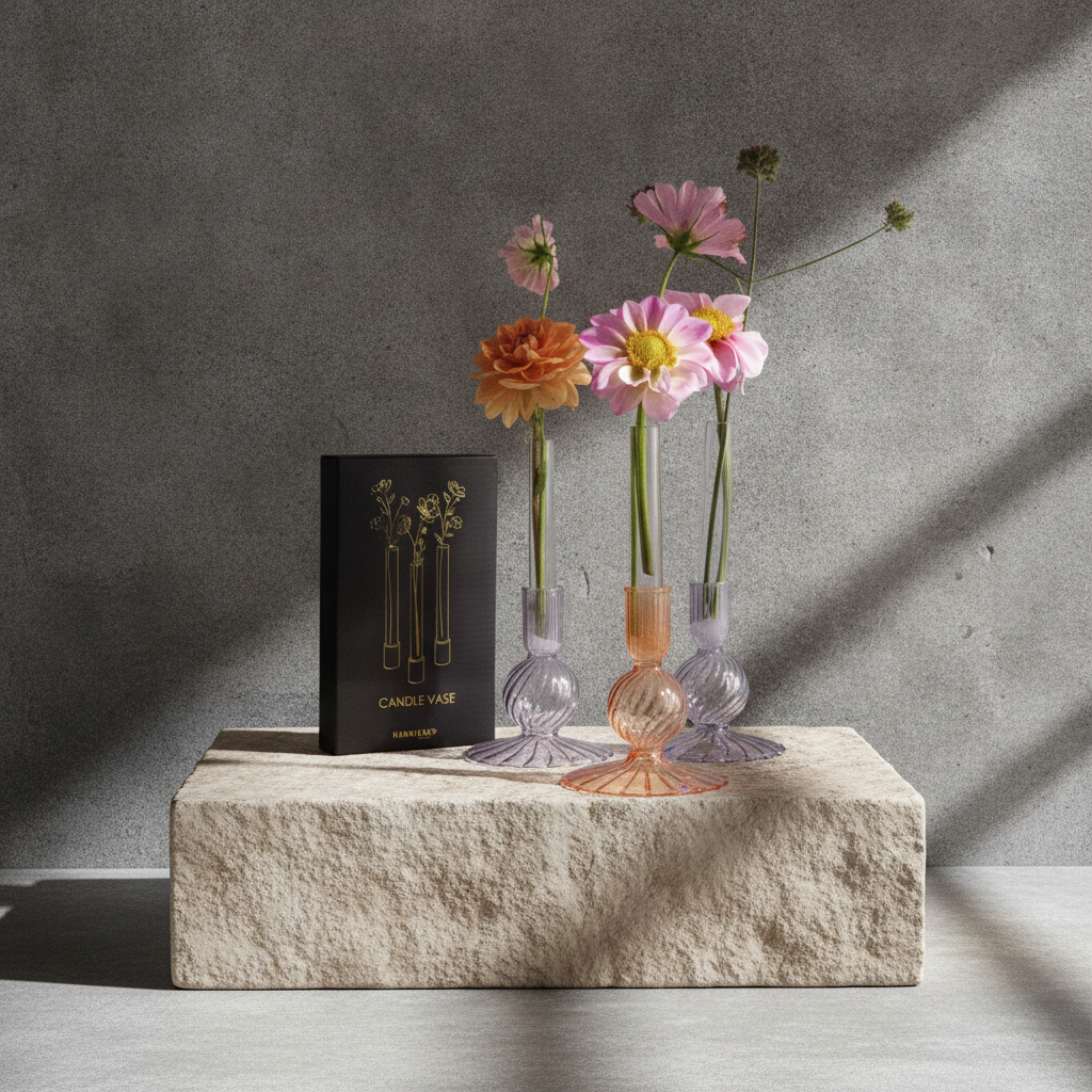 Hanataba Candle Vase. Three small glass vases with flowers on a stone surface against a gray wall.