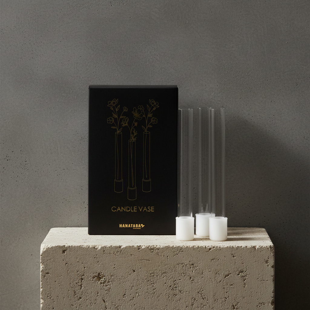 Clear glass candle vase with black packaging on a gray background