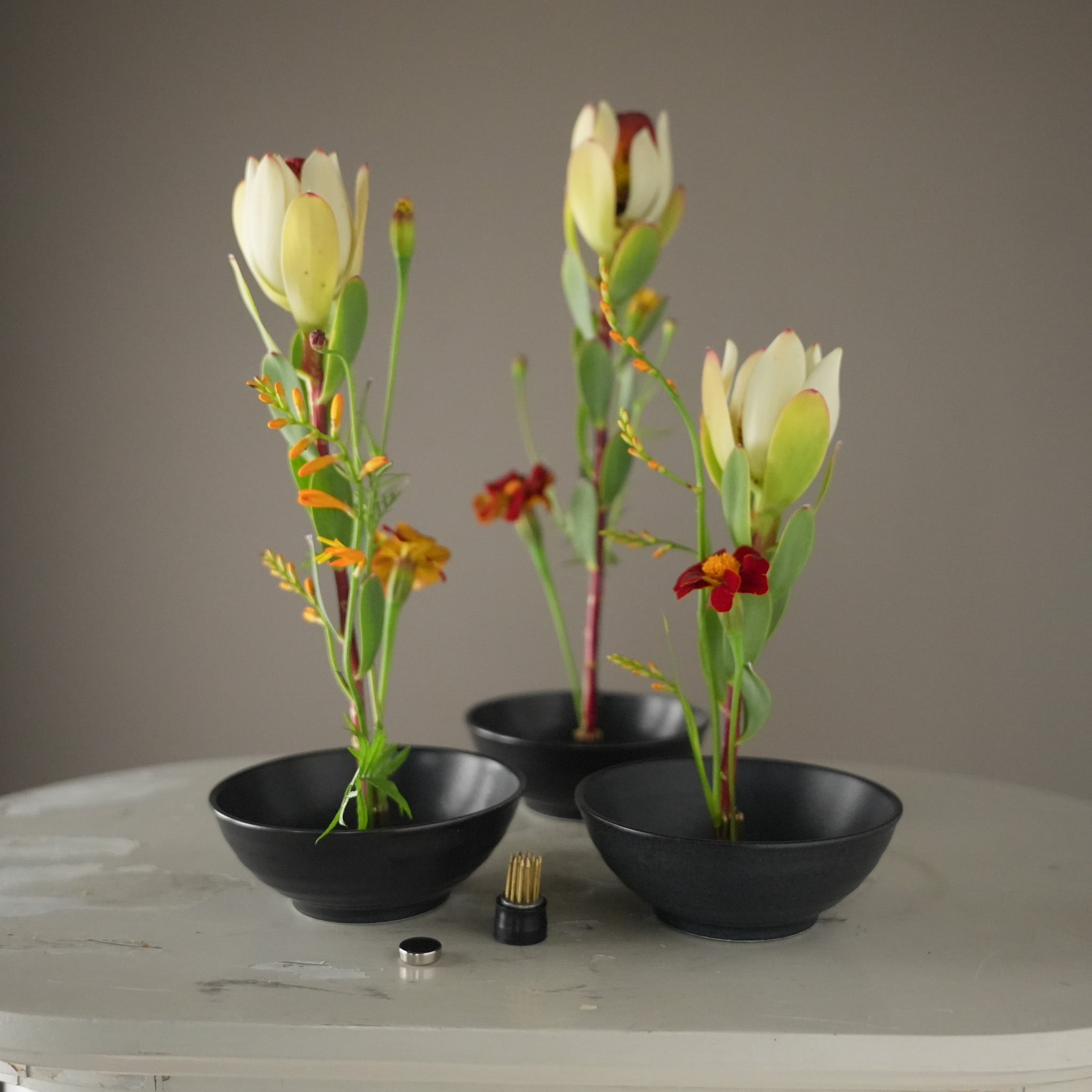 Three black bowls with Hanataba Magetic Mini Kenzan with Vlower Arrangements containing Leucadendron and Crocosmia flowes.