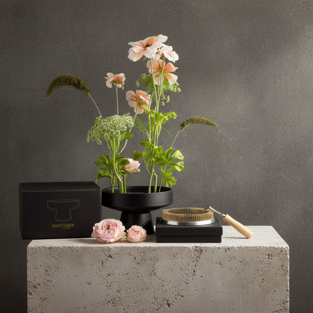 A hanataba floral deisgn kit including kenzan 120 mm flower frog pin holder ring, kenzan rake for deep cleaning kenzans and a black ceramic japanese-inspired pedestal vase next to a black 'HANATABA' box. Standing on a light beige tone piedestal in front of a dark grey concrete wall.