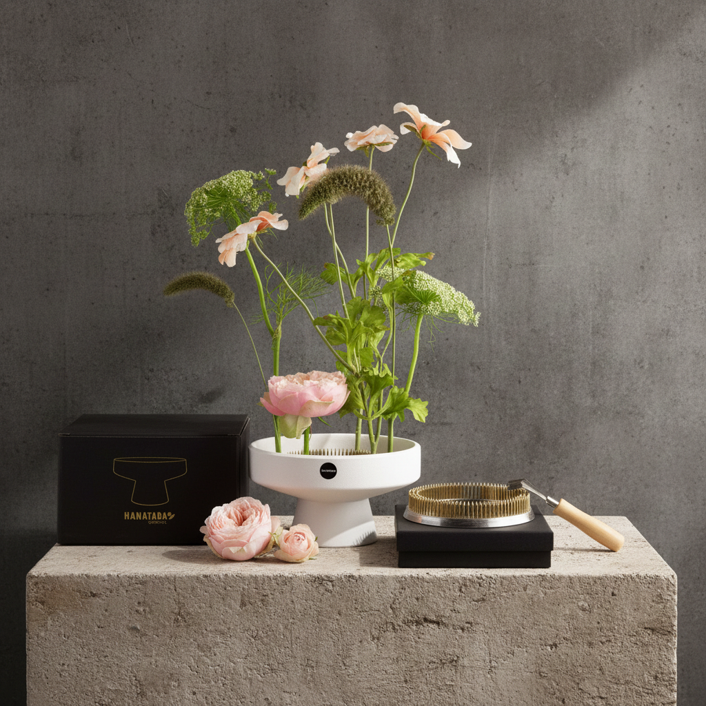 A hanataba floral deisgn kit including kenzan 120 mm flower frog pin holder ring, kenzan rake for deep cleaning kenzans and a white ceramic japanese-inspired pedestal vase next to a black 'HANATABA' box. Standing on a light beige tone piedestal in front of a dark grey concrete wall.