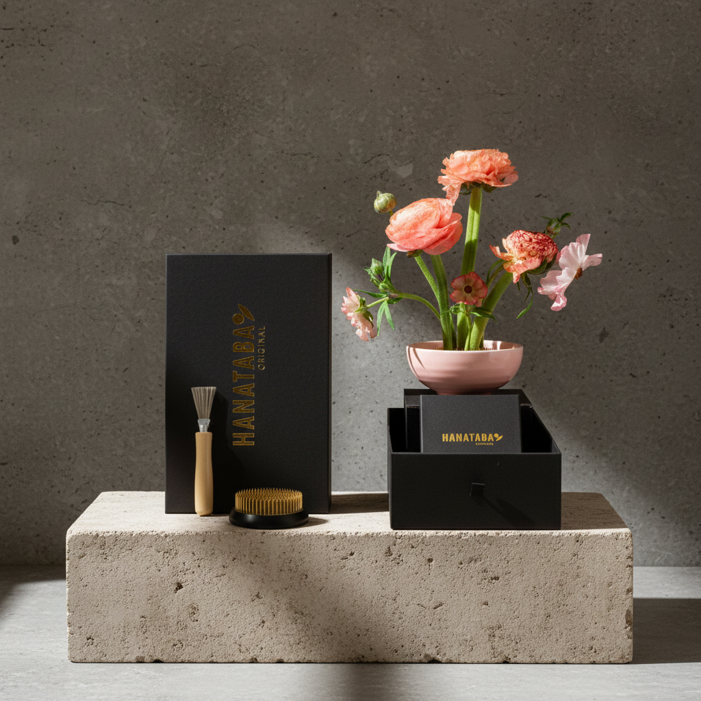 Harataba's floral design products with flowers on a concrete block against a gray background