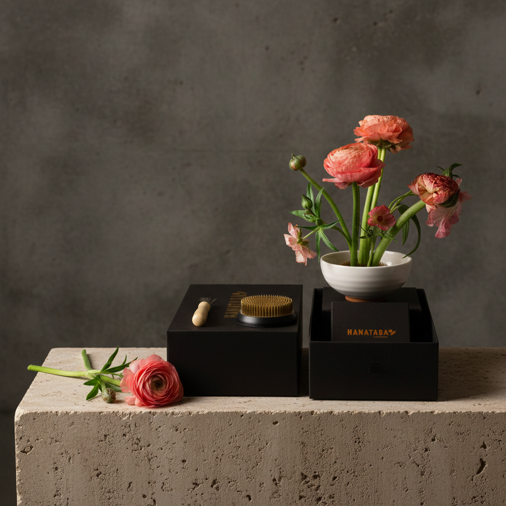 Floral arrangement in a white vase on a black box with 'HANATABA' branding, against a gray background.