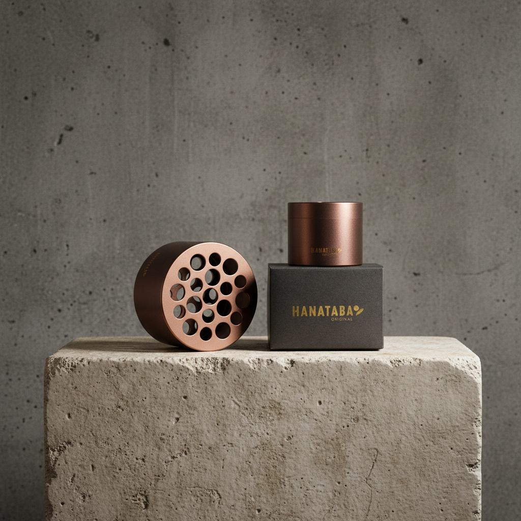 brown-finished cylindrical Hanataba bouquet twister products on a concrete block with a gray concrete background