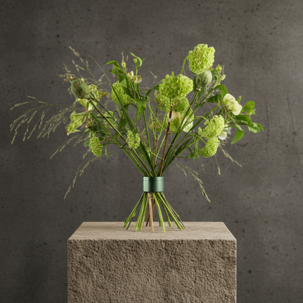 Bouquet of green flowers inside a hanataba bouquet twister flower holder in color Ivy green, standing on a gray pedestal against a dark gray background