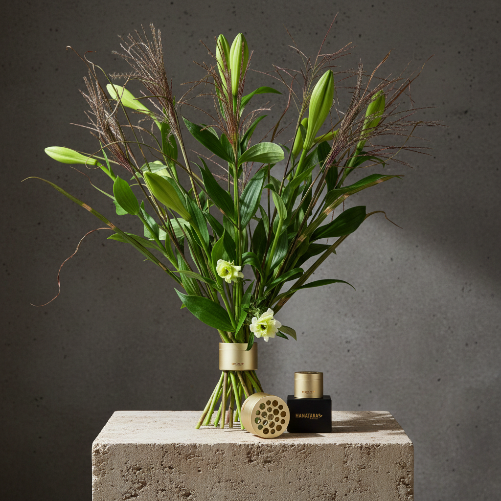 Bouquet of green leaves and small lily flowers in a Hanataba bouquet flower twister in color 'Champagne Gold' standing on a concrete surface with a dark background.