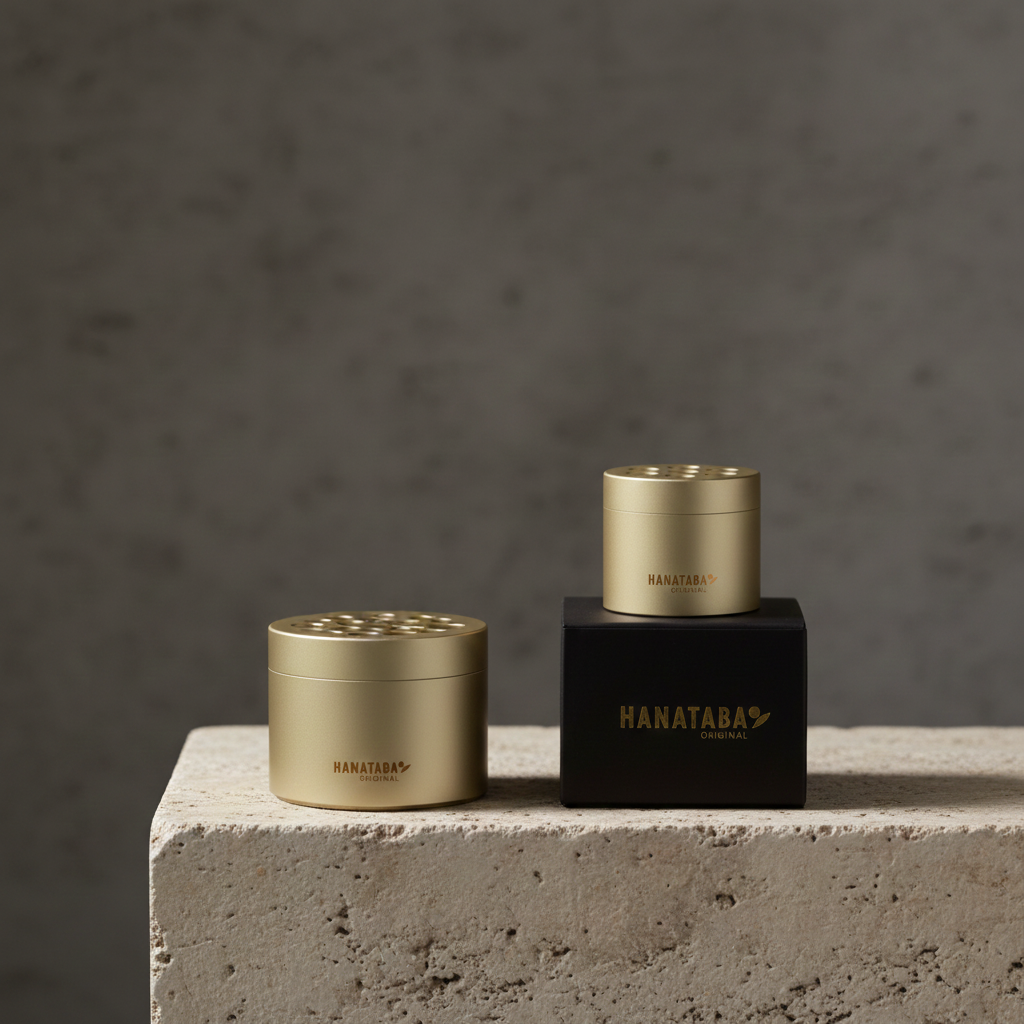 Hanataba Twister flower holder in champagne gold with removable top, displayed with original packaging on stone surface