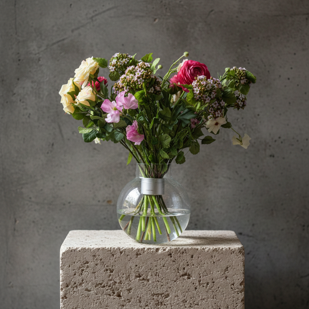 Bouquet of flowersinside a hanataba pearly silver bouquet twister flower holder in a clear vase on a concrete block with a gray background
