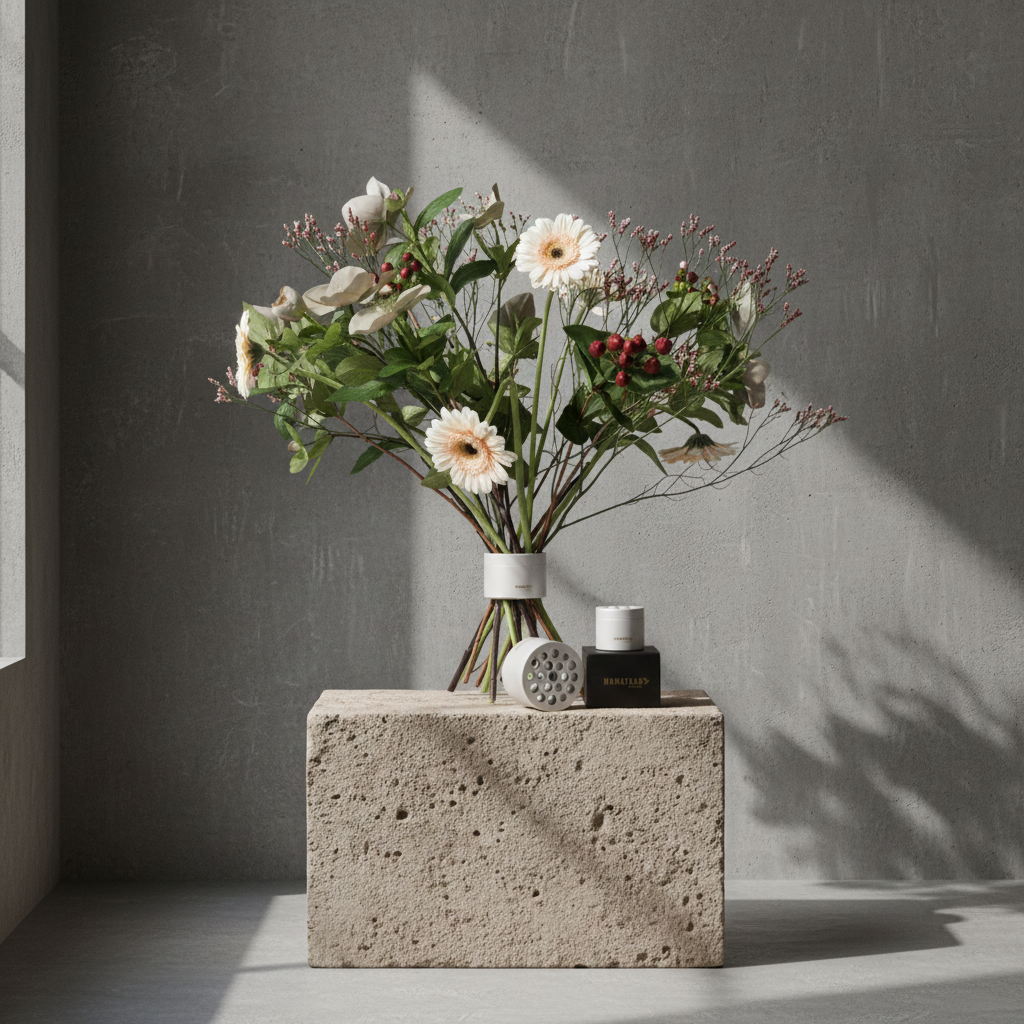 Hanataba pearly silver bouquet flower twister holder standing on a stone block in front of a dark grey background