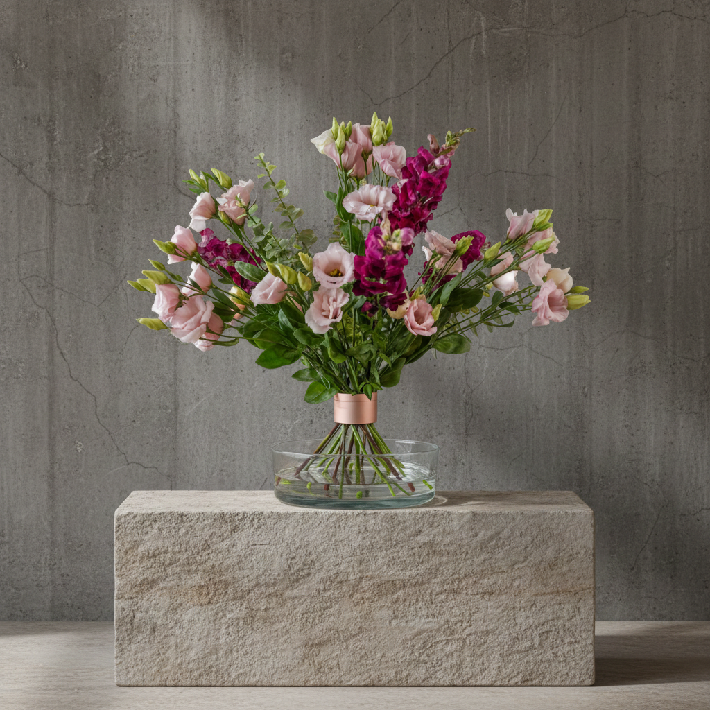 Hanataba Twister flower holder in pink champagne with vibrant bouquet of pink lisianthus and magenta flowers in glass vase