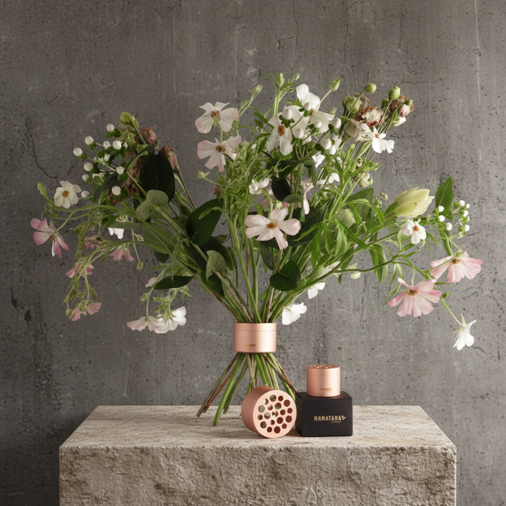 Hanataba Twister flower holder in pink champagne with airy bouquet of white and soft pink flowers, product components displayed on stone pedestal