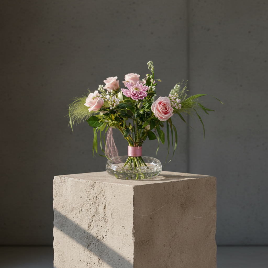 Hanataba Twister pink champagne with compact bouquet of roses and greenery in low glass bowl on stone pedestal