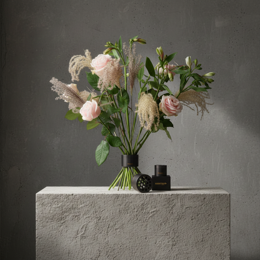 Floral arrangements eith pink roses and greens inside a Hanataba bouquet flower twister in color 'Pitch Black' standing on a stone piedestal with a dark grey concrete background