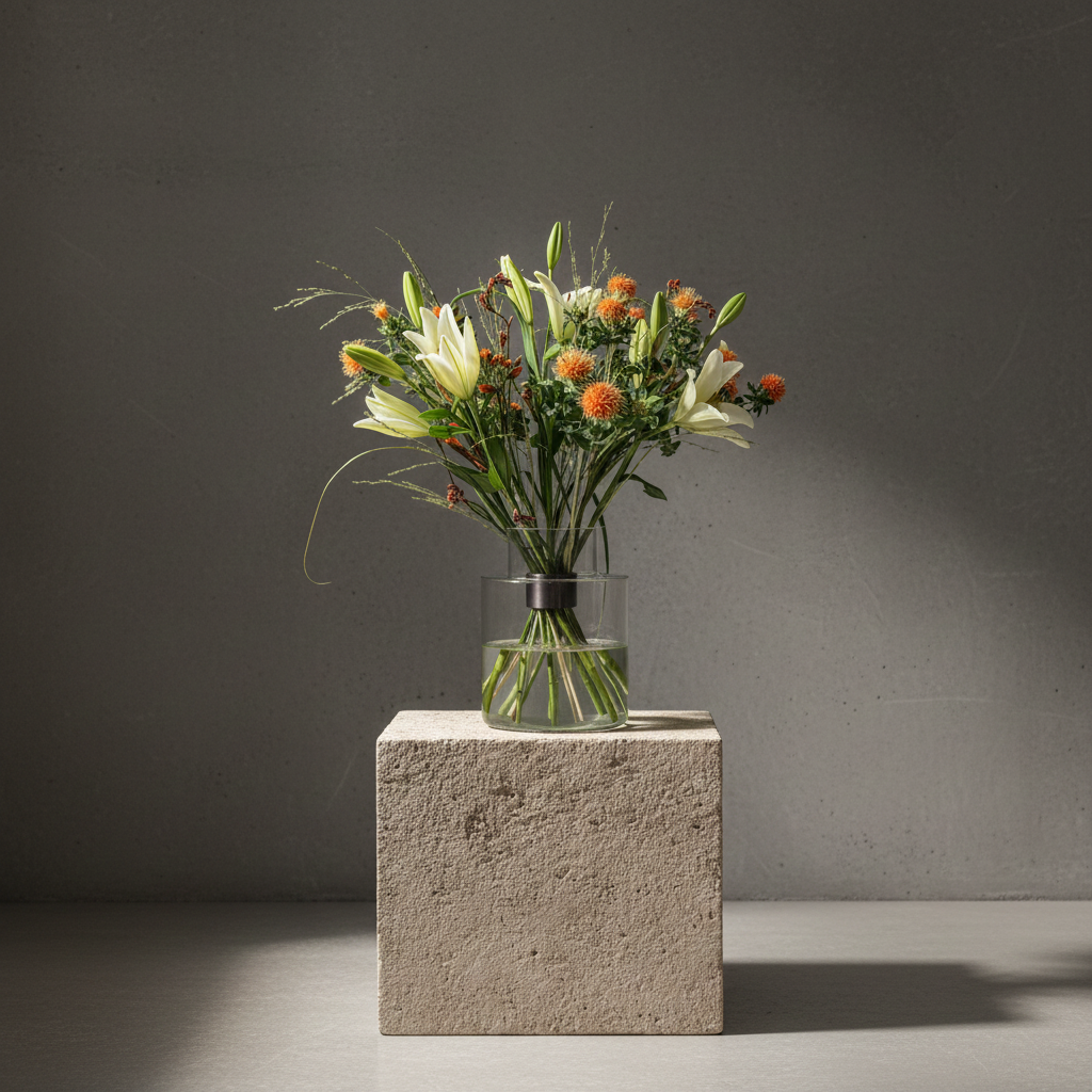 Hanataba Pitch Black bouquet twister flower holder inside a clear glass vase standing on a stone block in fron of a dark grey wall