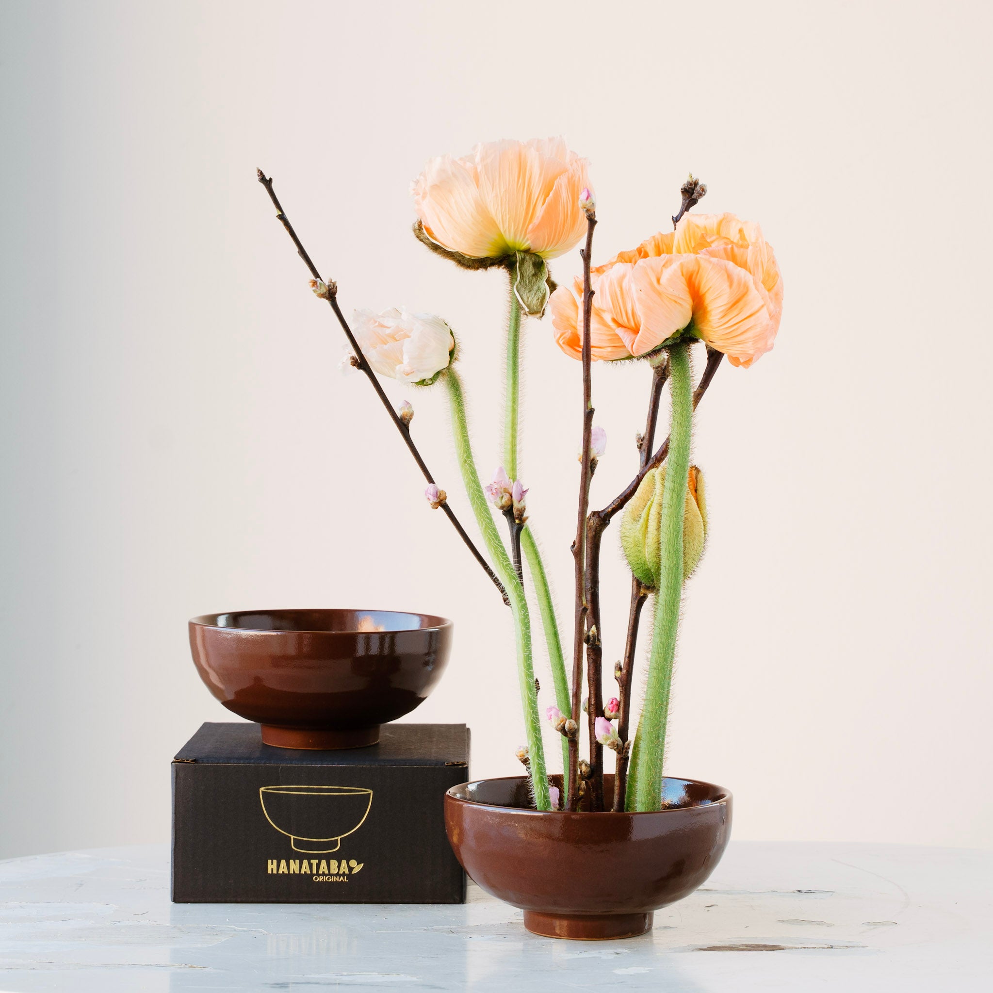 Two brown ceramic kenzan 'kobachi' bowls with flowers on a light surface