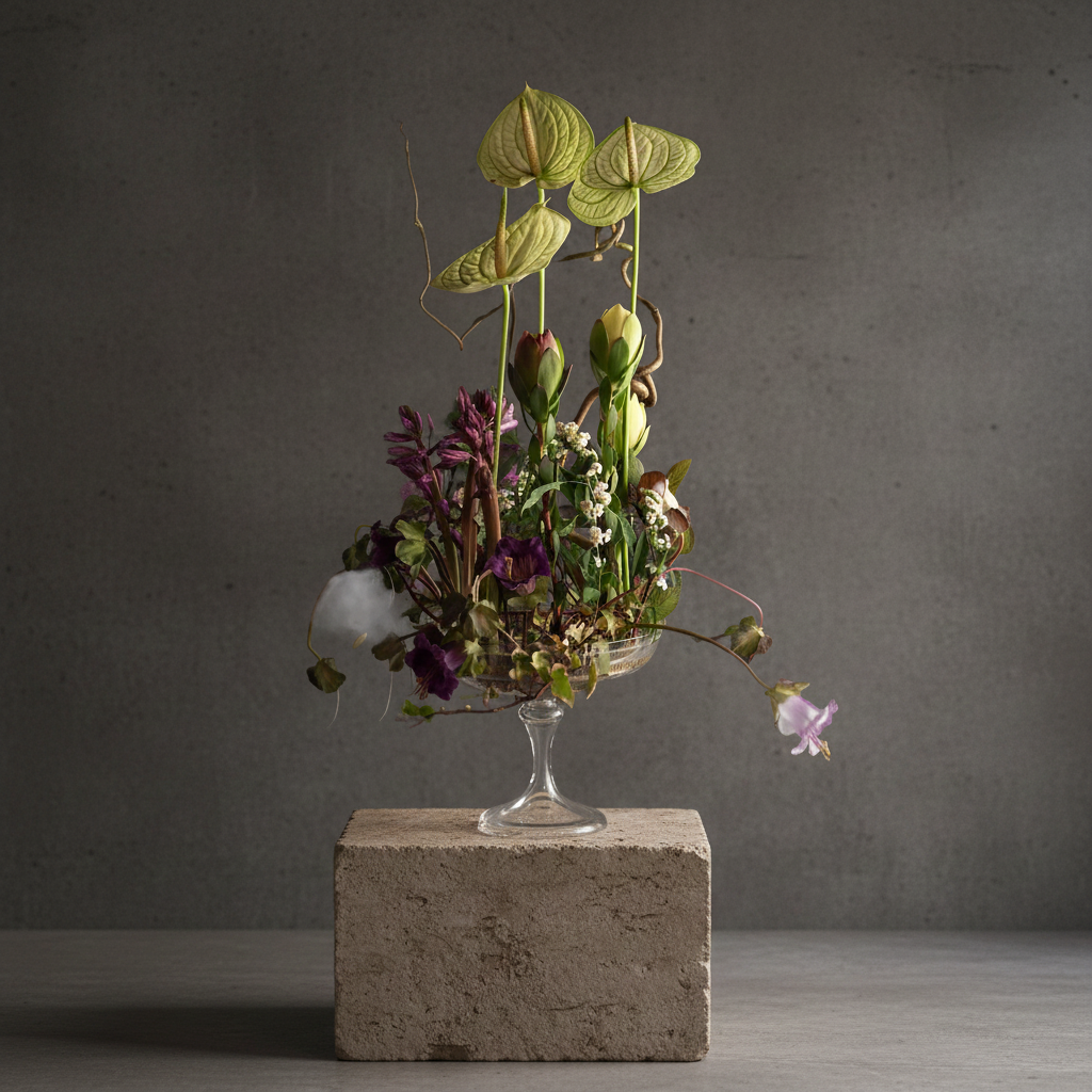 Floral arrangement in a glass vase on kenzan ring 200 mm flower frog ring standing on a concrete block against a gray background