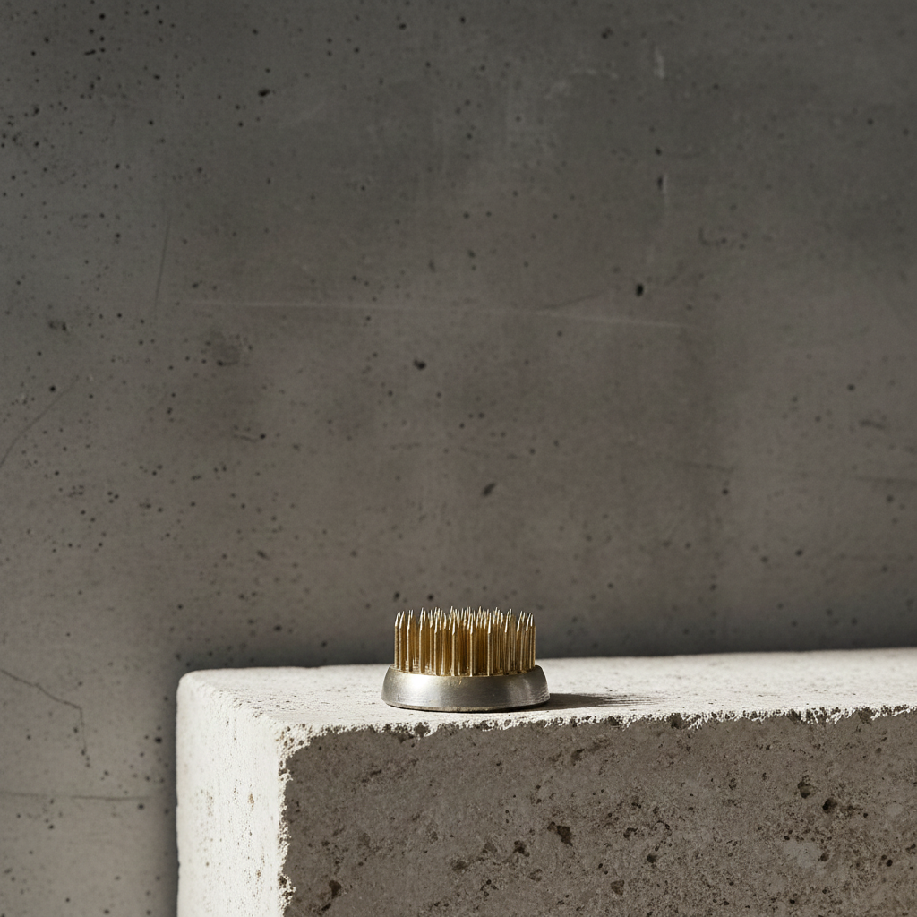 Metallic object on a concrete surface with a gray wall background