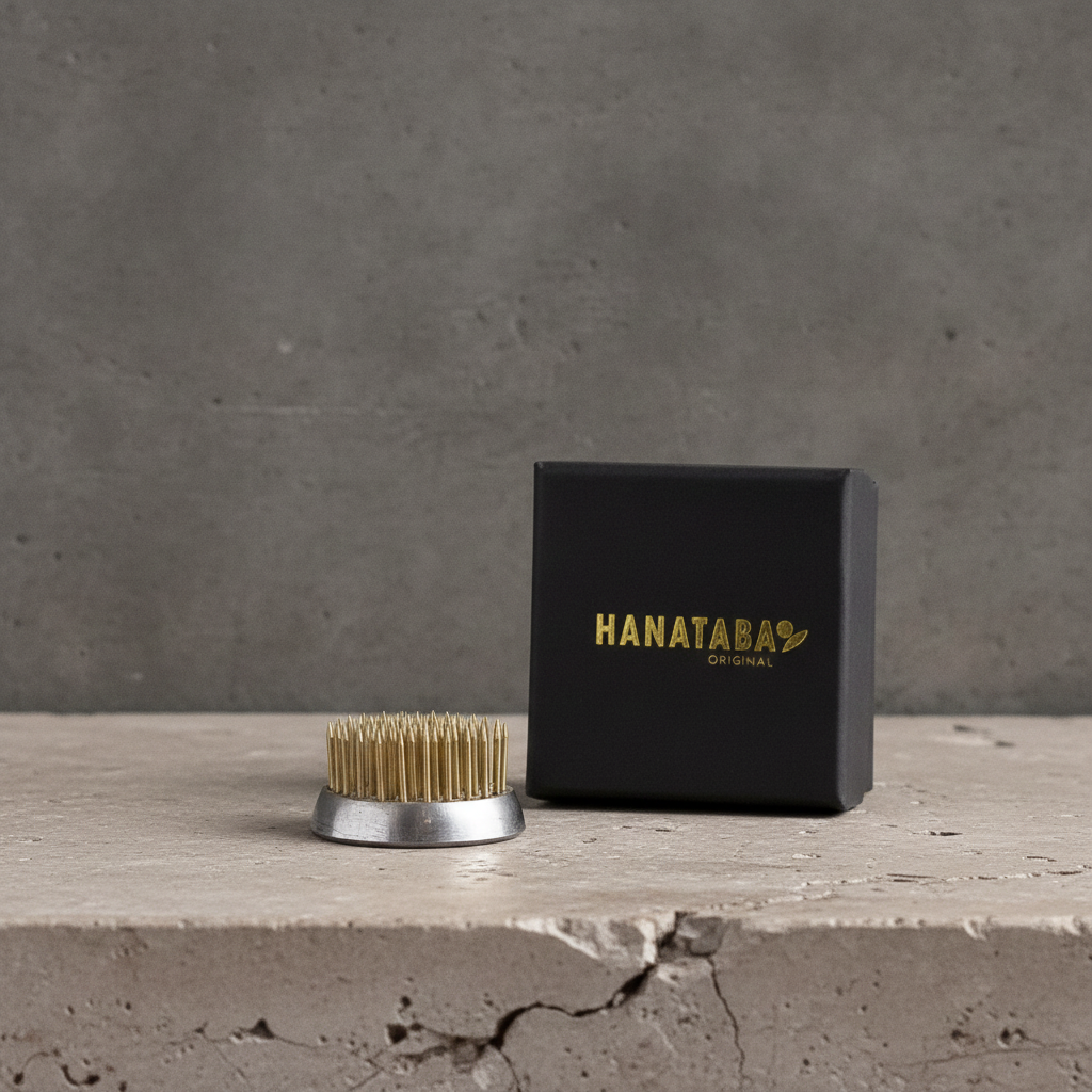 Kenzan flower frog 34 mm and black box with 'HANATABA' branding on a concrete block against a gray background