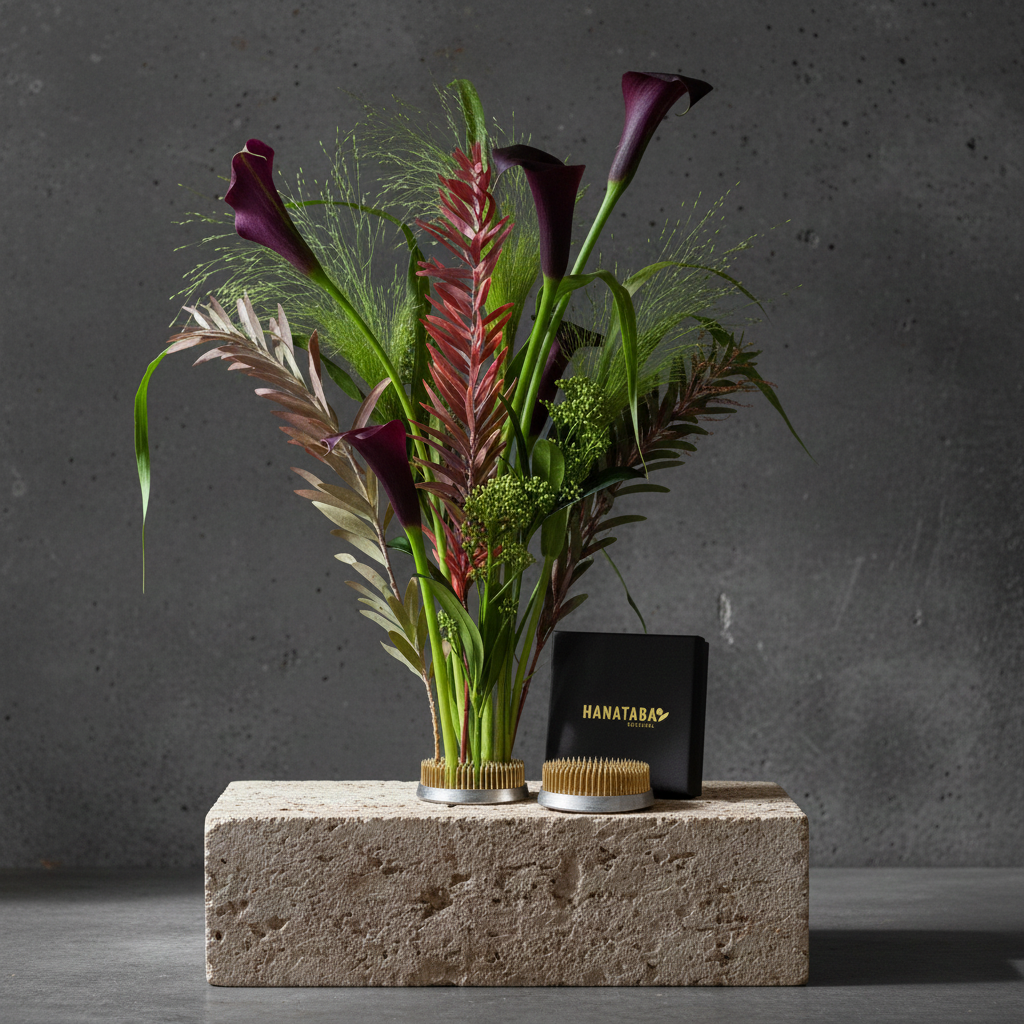 Decorative arrangement of plants on a solid kenzan 70 mm flower frog on a stone block with a black box labeled 'HANATABA' against a dark background.