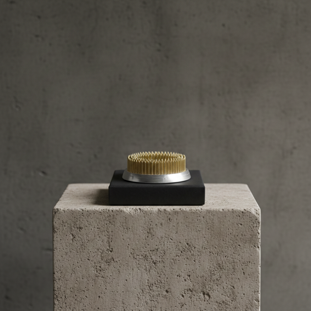 Small round kenzan ring 70 mm with gold and silver design on a black base, placed on a concrete block against a gray background.