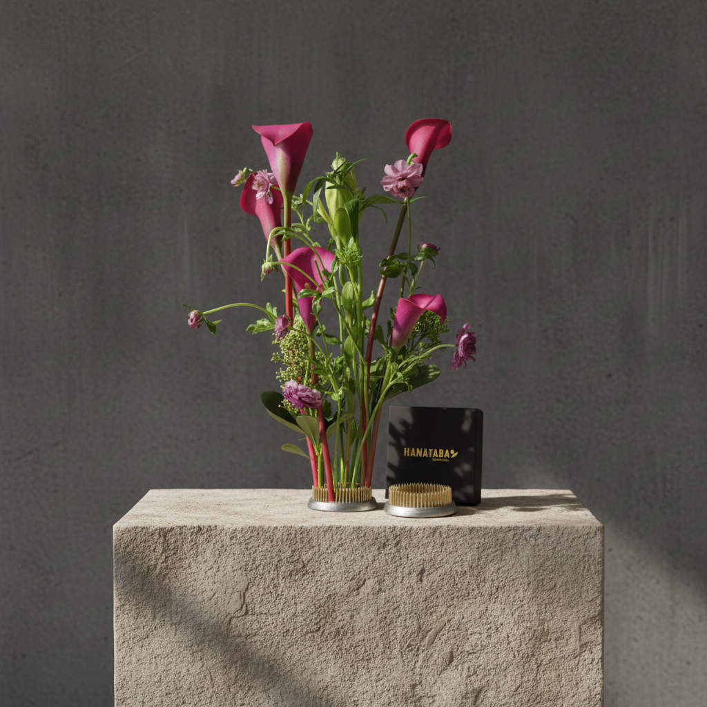 Pink flowers in a hanataba kenzan 70 mm ring standing on a stone surface with a dark background