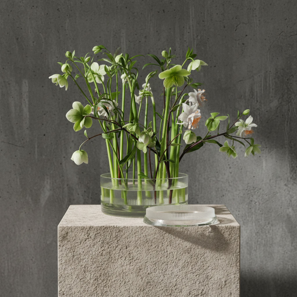 Clear acrylic kenzan ring 150 mm flower frog ring with green plants and white flowers on a concrete block against a gray wall.
