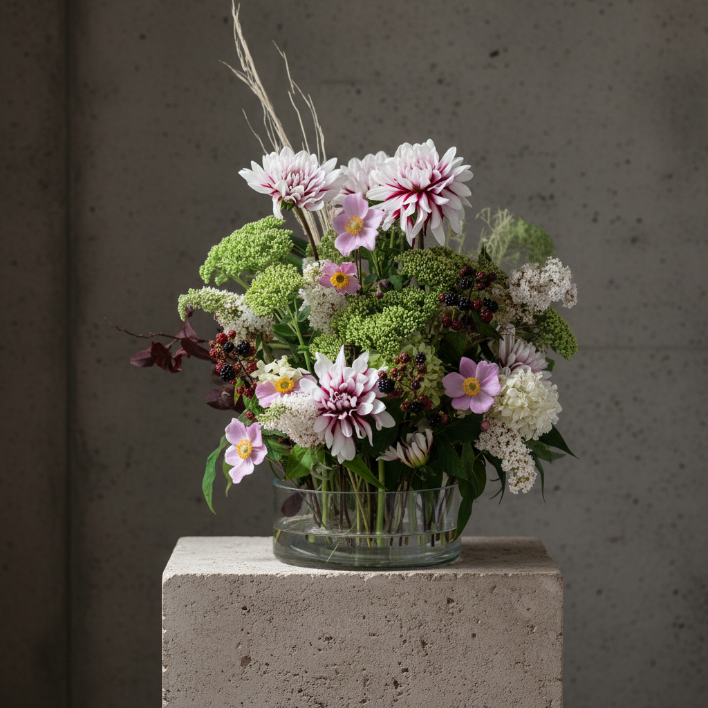 hanataba kenzan ring 150 mm in transparent acrylic material with fresh cut flowers inside a clear acrylic flower vase standing on a light beige stone piedestal against a dark grey background