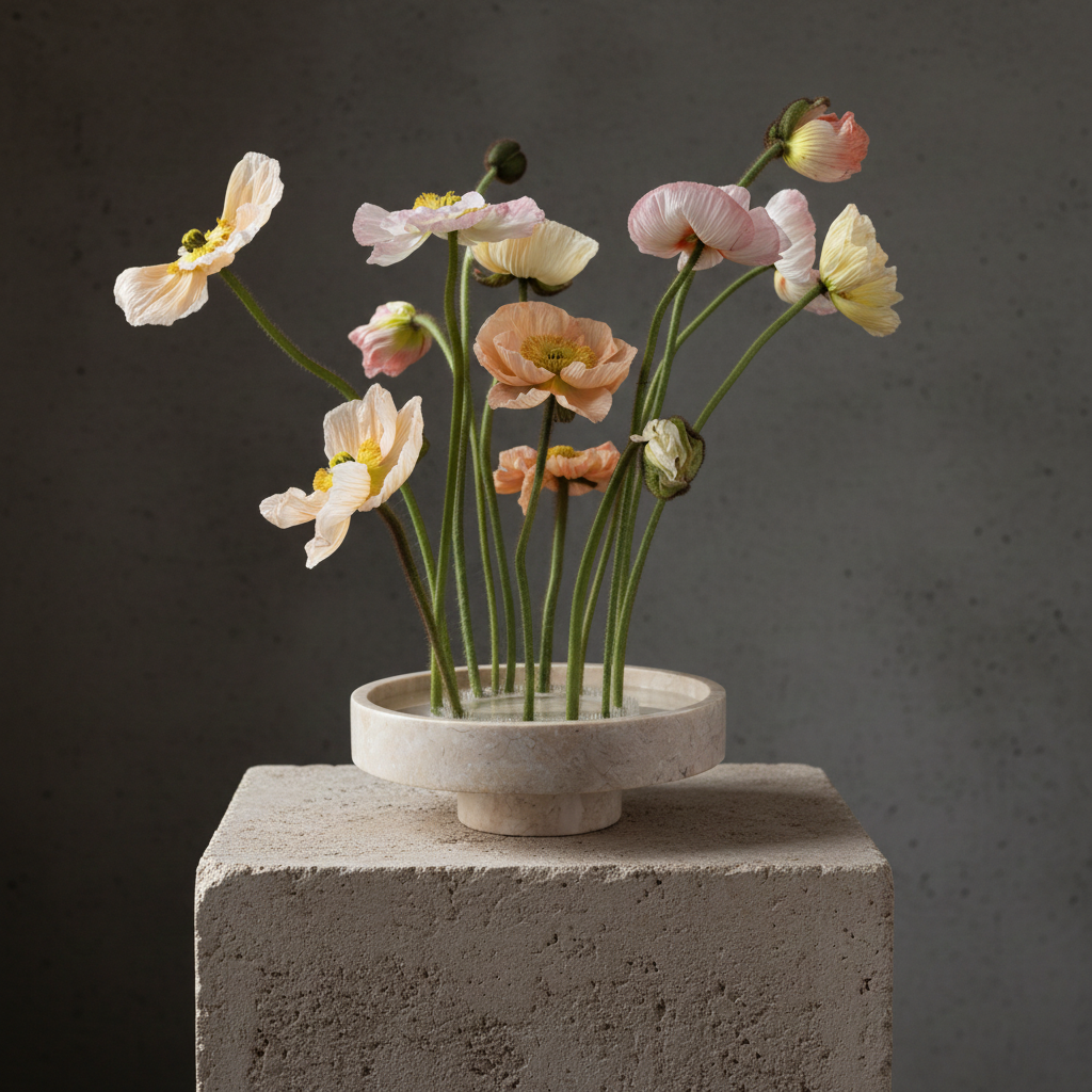 Fresh cut flowers stuck to a hanataba kenzan ring 150 mm made of transparent acrylic material, in a marble piedestal on a light beige stone block against a dark background