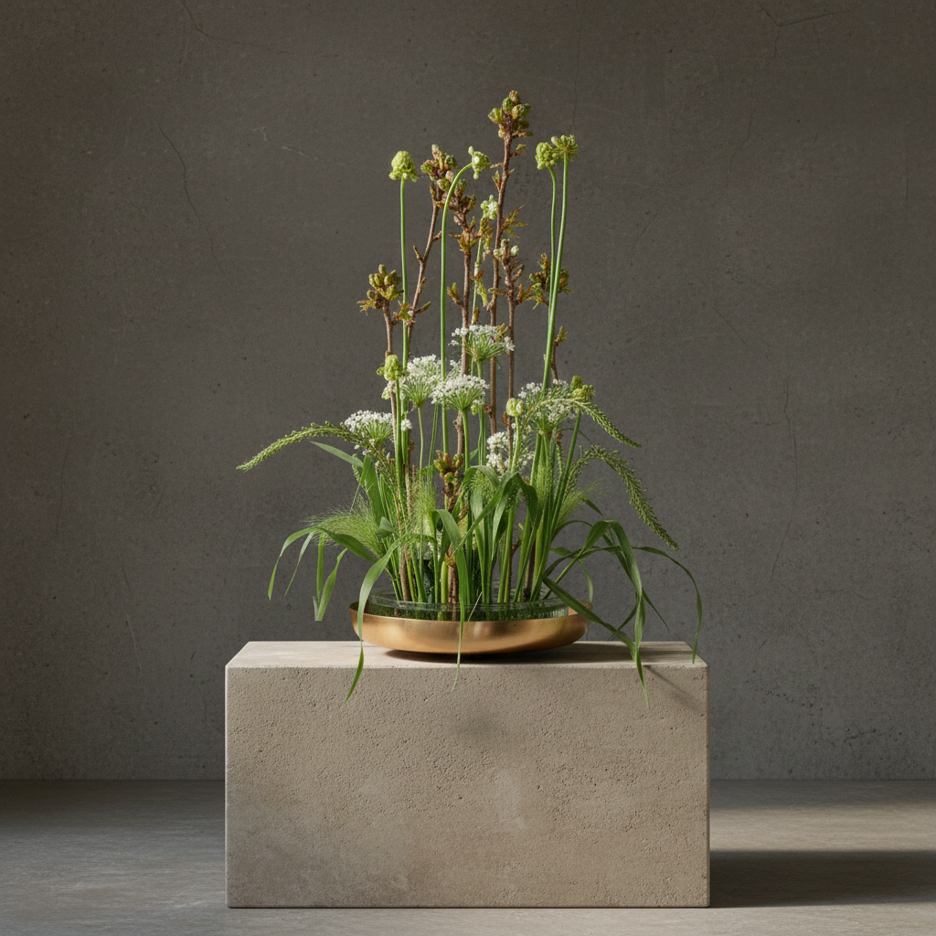 Hanataba Kenzan ring 200 mm (7 \ 7/8") floral arrangement on a stone block in front of a dark grey background