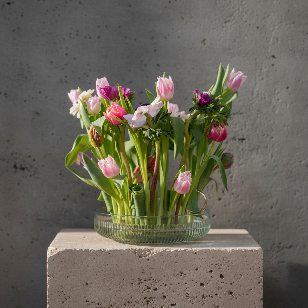Hanataba Kenzan ring 200 mm (7 \ 7/8") with pinkl parrot tulips in a rippled glass vase on a stone block in front of a dark grey background