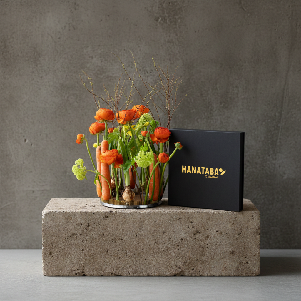 Hanataba Kenzan ring 200 mm (7 \ 7/8") with carrots and orange ranunculus and a black HANATABA ORIGINAL box on a stone block in front of a dark grey background
