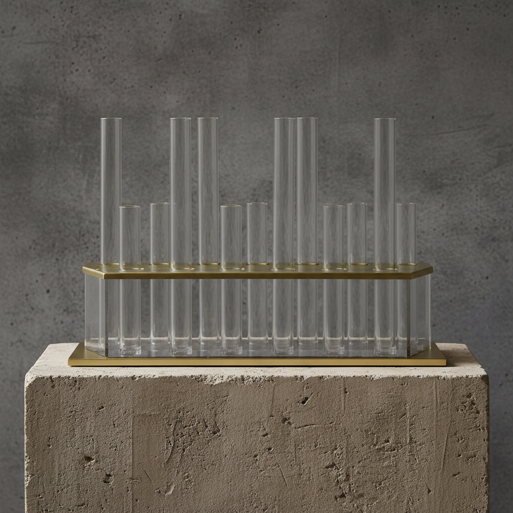 Decorative glass vase with 13 slender vases and on a concrete base against a gray wall