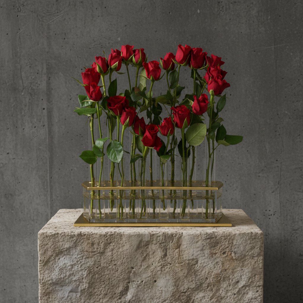 Red roses in a clear vase with gold base on a stone pedestal against a gray concrete wall.