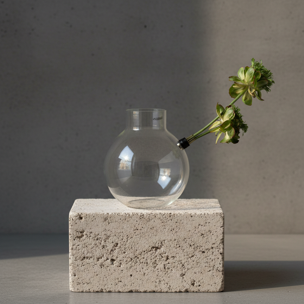 Clear glass vase with a single green flower stuck onto a magnetic mini kenzan on a concrete block against a gray background