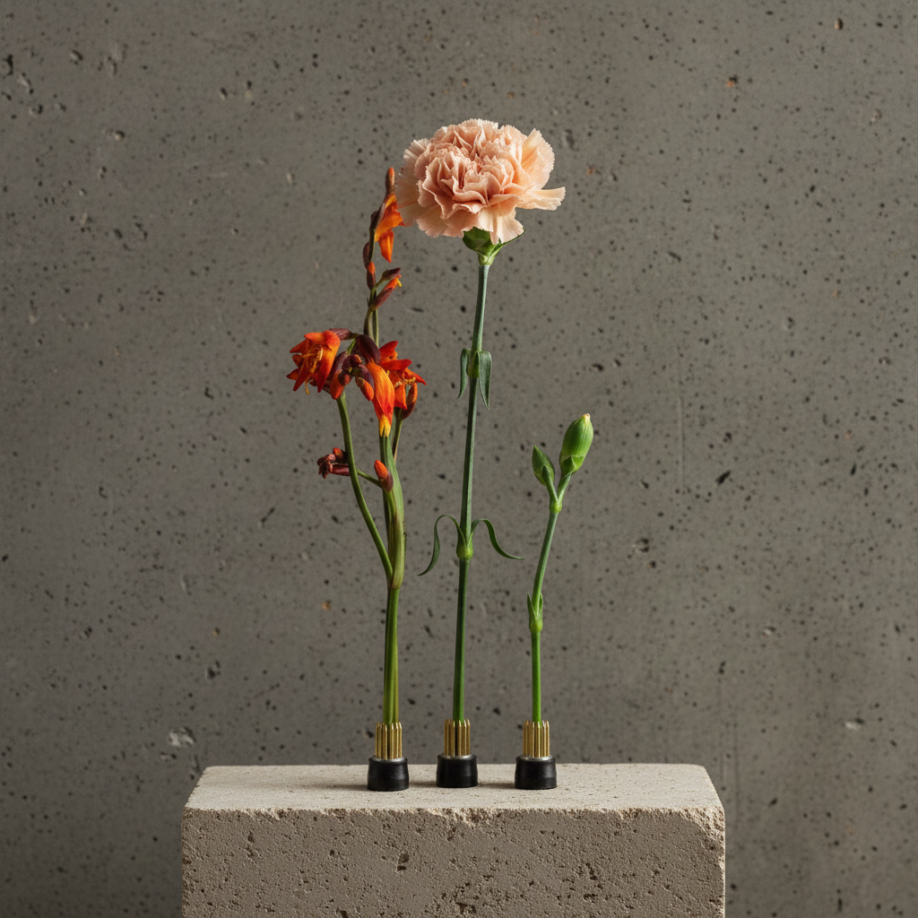 Three flowers on three small magnetic mini kenzans on a concrete block with a gray background