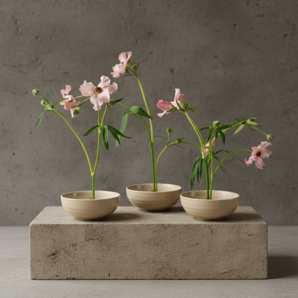 Three small beige ceramic bowls with minimalistic flower arrangements using magnetic mini kenzan by Hanataba