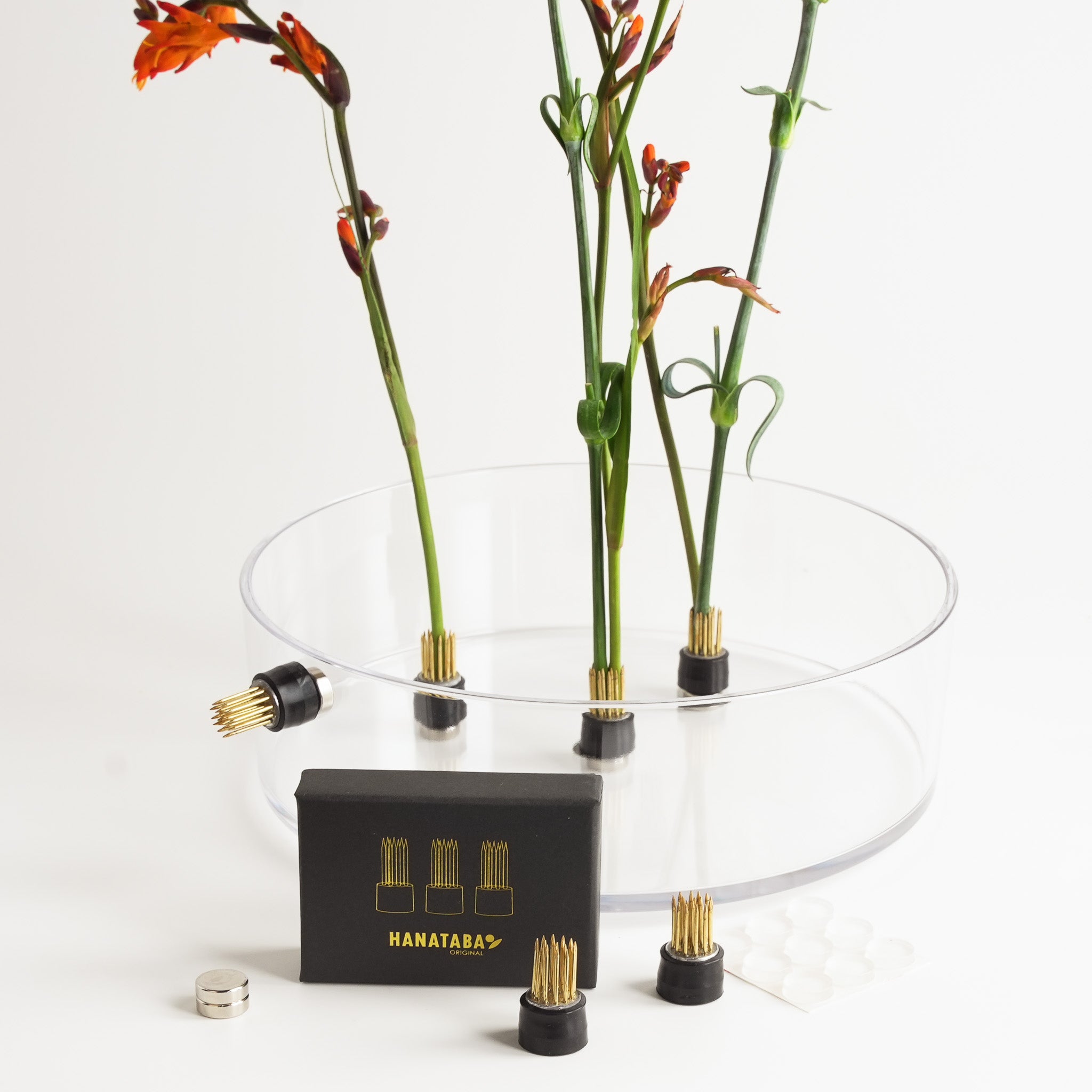 Hanataba magnetic kenzan flower frogs used in a clear acrylic bowl to hold fresh orange and pink flowers in place. Magnets are placed beneath the bowl for secure positioning.