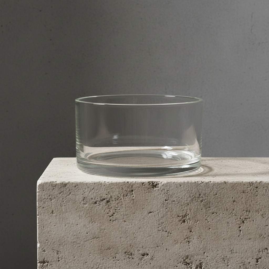 Clear glass bowl on a concrete surface with a gray background