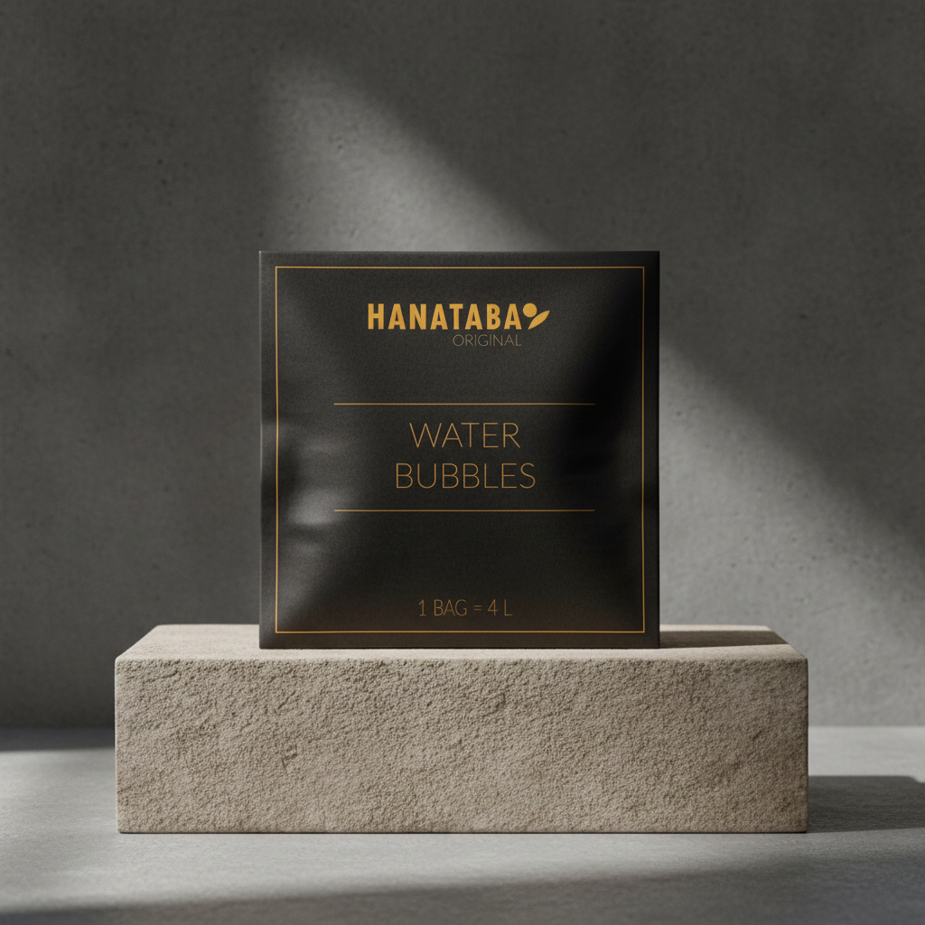 A sophisticated package labeled 'HANATABA Original Water Bubbles' with the text '1 BAG = 4L', accompanied by transparent water bubbles in front, designed for enhancing flower arrangements.