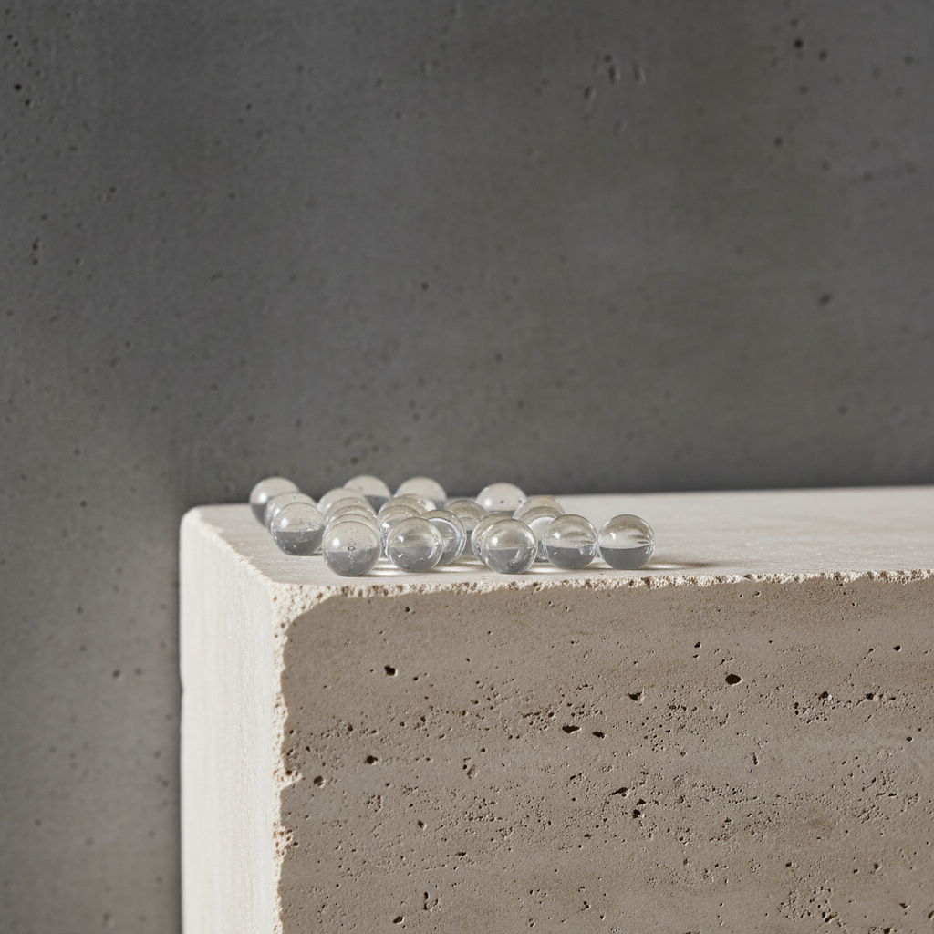 Concrete block with small water pearl beads on a gray background