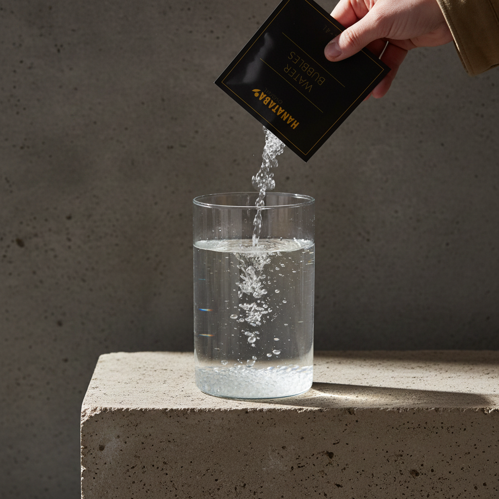 water pearls poured to a cylindrical glass vase filled with water