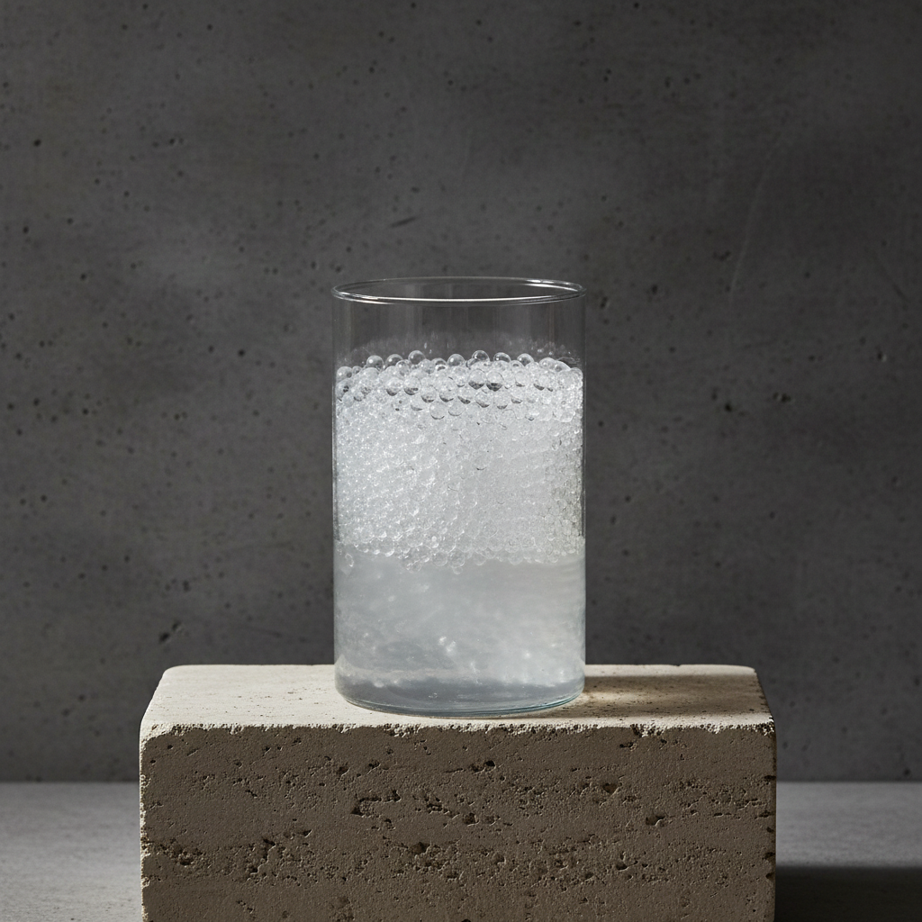 Clear glass with bubbles on a concrete block against a gray background