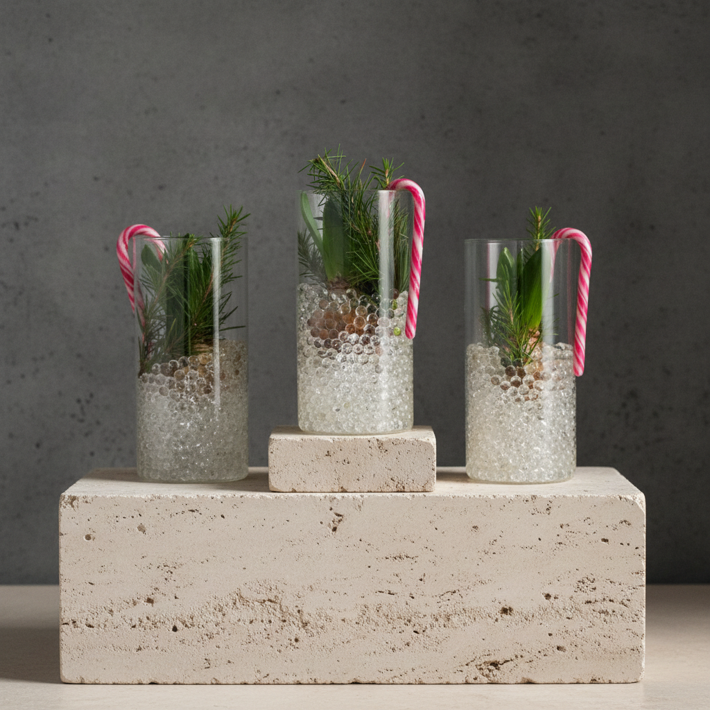 Three glass vases with plants and candy canes on a concrete block against a gray background