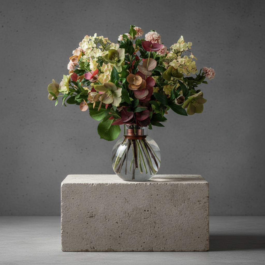Bouquet of fresh pink and white flowers arranged in a globe shaped glass vase filled with water. The "Hanataba Bubble Glass Vase" also contains a "Hanataba Bouquet Twister" in the pink champagne color. The glass vase is placed in a white background next to a black packaging box with the Hanataba logo printed in gold.