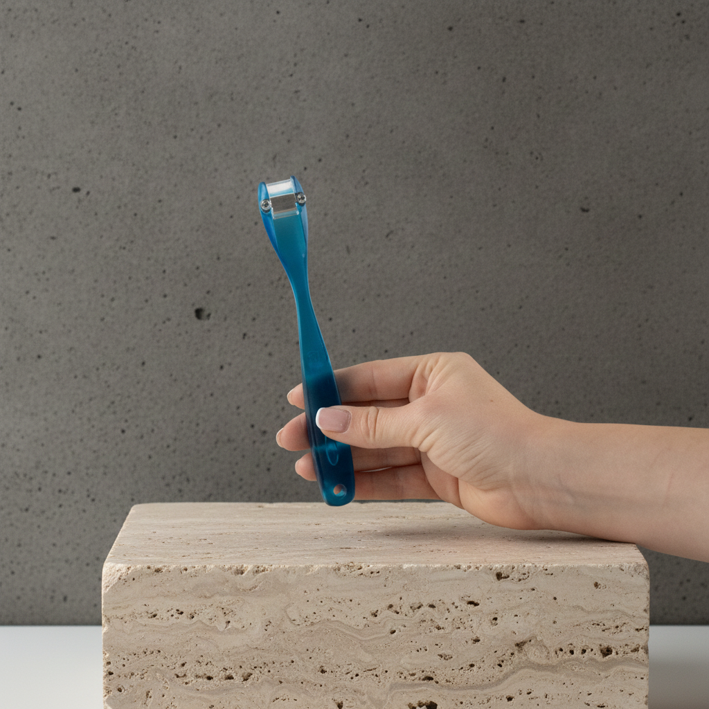 A hand holding a translucent blue cut flower tool above a light beige stone block against a textured gray concrete wall.