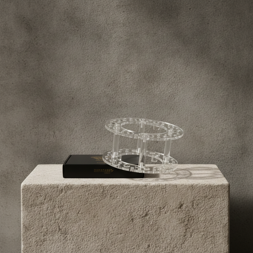 A clear acrylic circular display stand or ring holder placed on top of a black box, set on a textured light stone pedestal against a gray concrete wall.