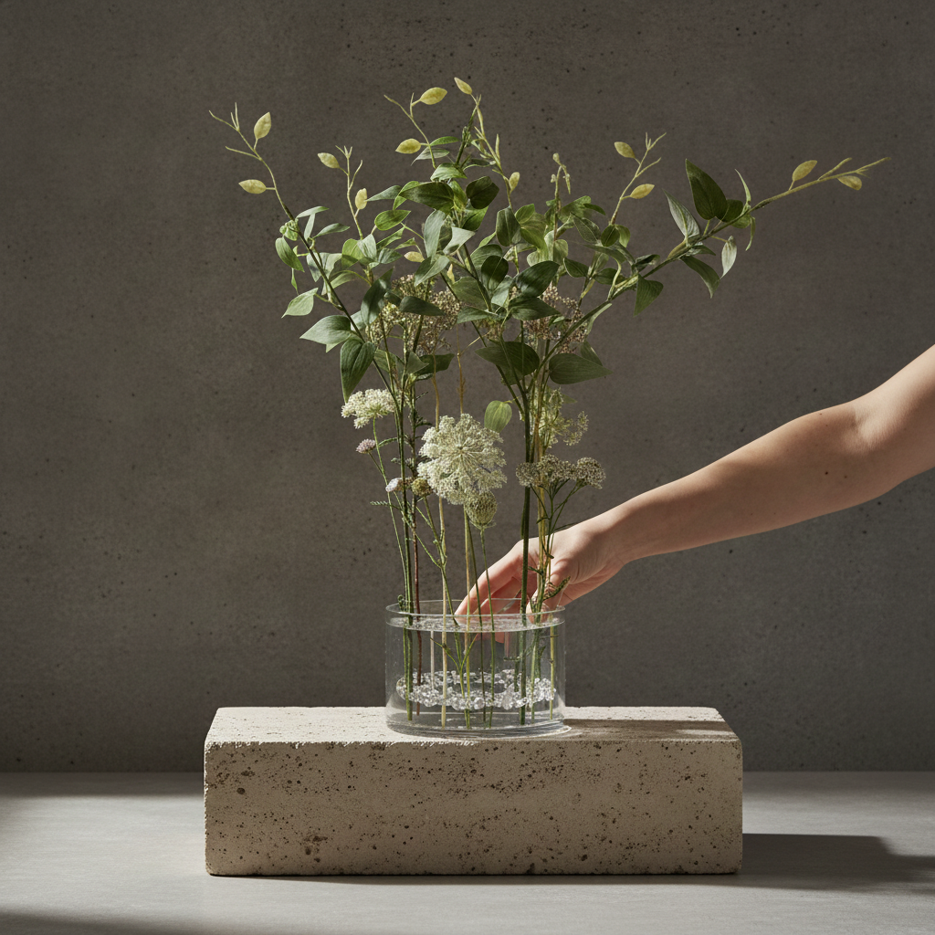 A clear glass vase filled with green eucalyptus stems and small white flowers, placed on a rectangular stone pedestal against a textured gray wall. A person's arm reaches in to adjust the arrangement.